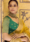 Mustard Yellow Banarasi Crepe Silk Saree with Teal Contrast Blouse