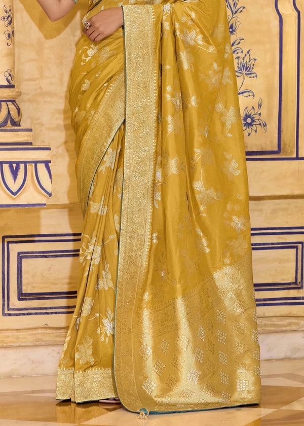 Mustard Yellow Banarasi Crepe Silk Saree with Teal Contrast Blouse