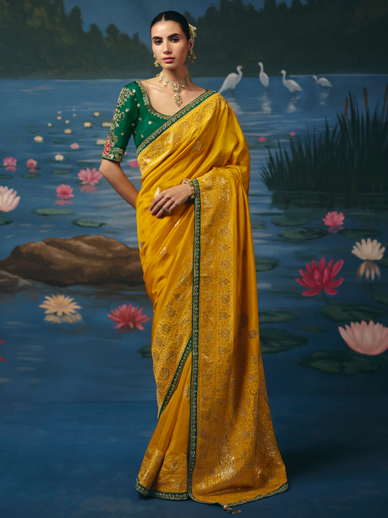 Mustard Yellow Banarasi Dola Silk Saree With Contrast Blouse