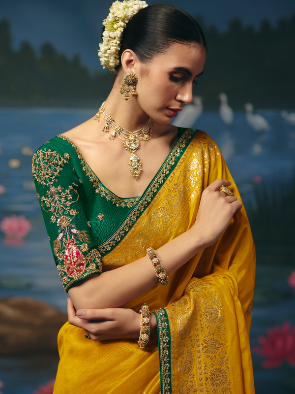 Mustard Yellow Banarasi Dola Silk Saree, contrast blouse close-up