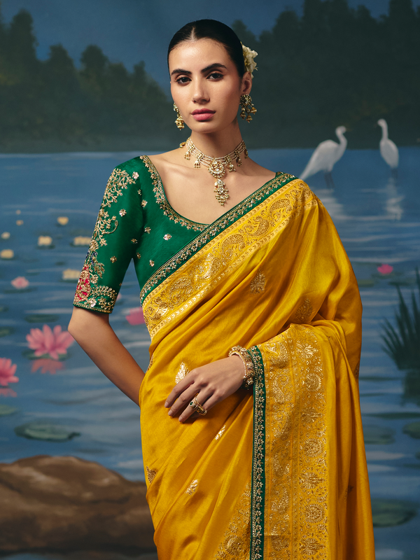 Mustard Yellow Banarasi Dola Silk Saree, pallu and blouse