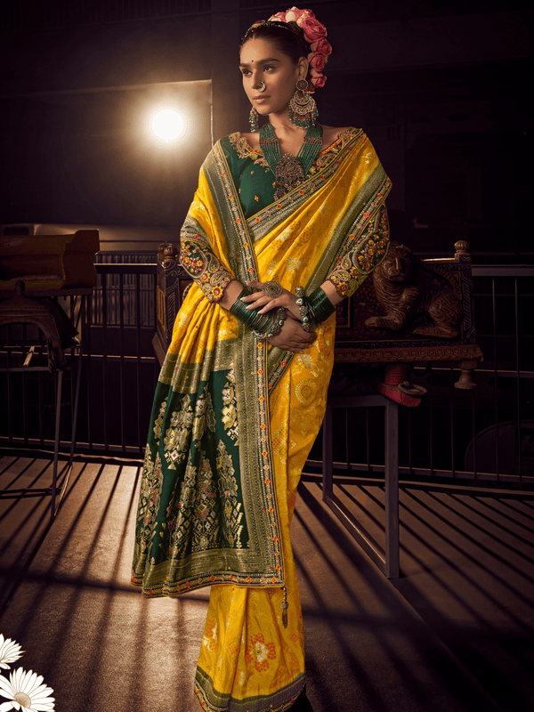 Mustard Yellow Banarasi Dola Silk Saree With Contrast Blouse