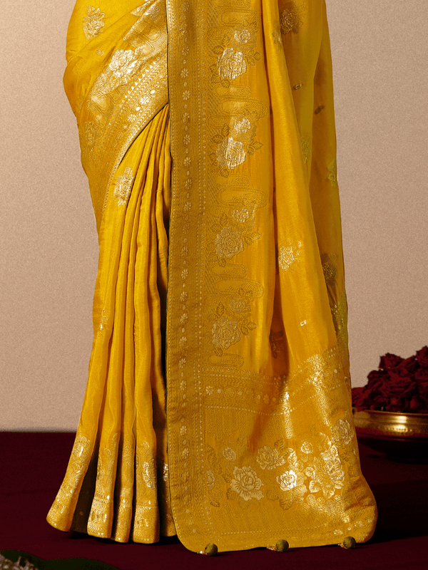 Mustard Yellow Banarasi Silk Saree With Contrast Blouse