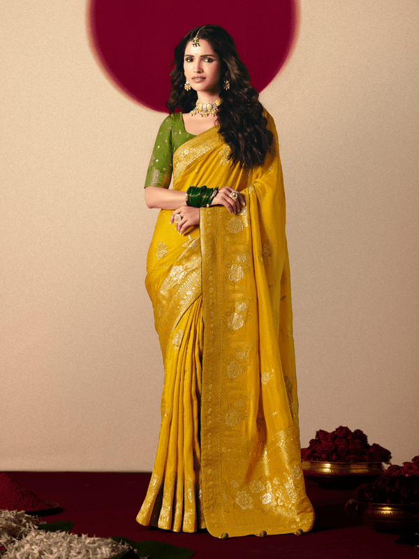 Mustard Yellow Banarasi Silk Saree With Contrast Blouse