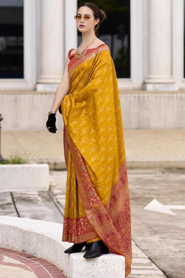 Mustard Yellow Banarasi Silk Saree With Vermillion Red Zari Border