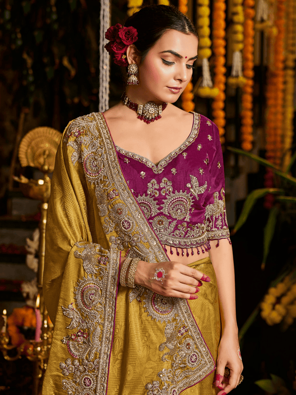 Mustard Yellow Banarasi Tissue Silk Saree With Contrast Blouse