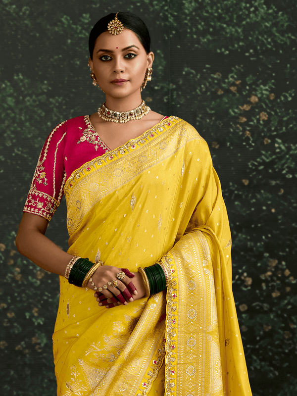 Mustard Yellow Designer Banarasi Dola Silk Saree With Golden Zari Work