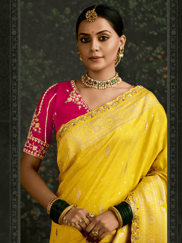 Mustard Yellow Designer Banarasi Dola Silk Saree With Golden Zari Work