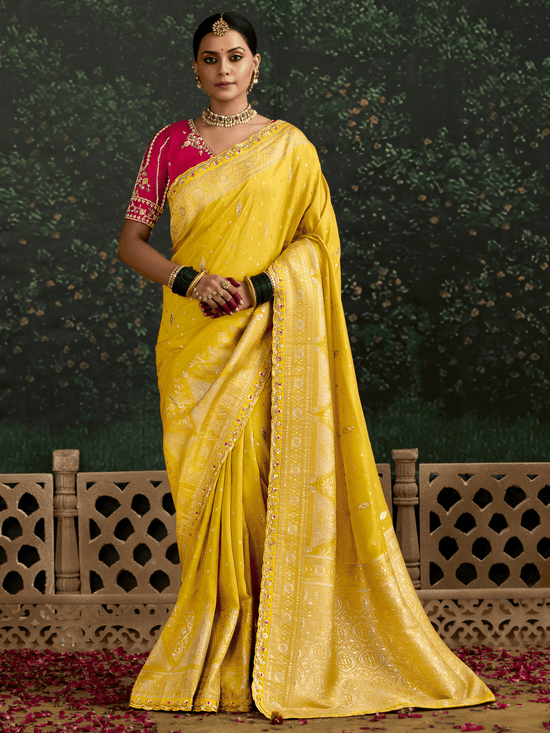 Mustard Yellow Designer Banarasi Dola Silk Saree With Golden Zari Work