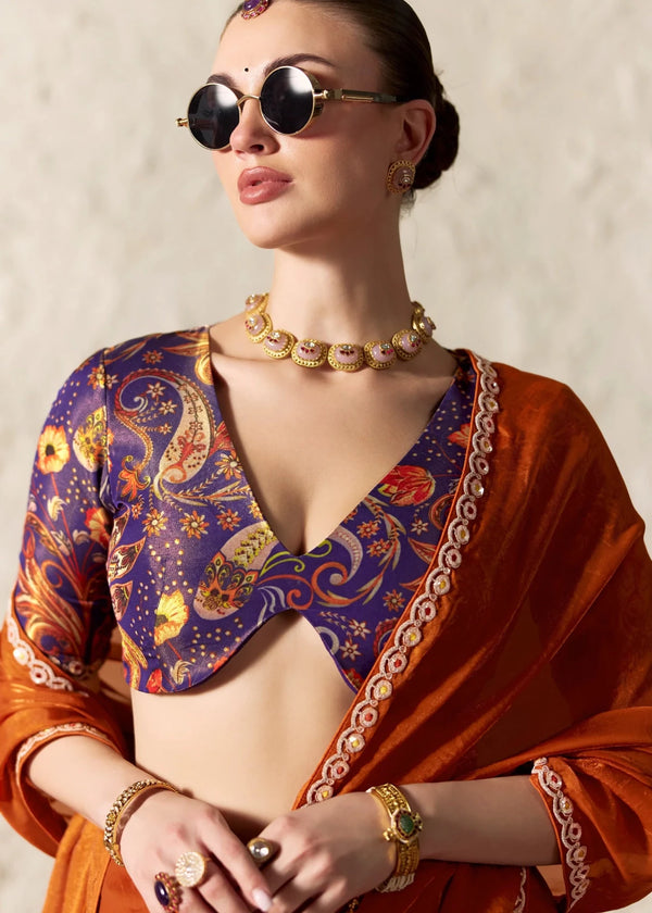 Mustard Yellow Designer Organza Saree with Teal Contrast Blouse