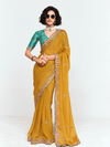 Mustard Yellow Designer Organza Silk Saree With Contrast Blouse