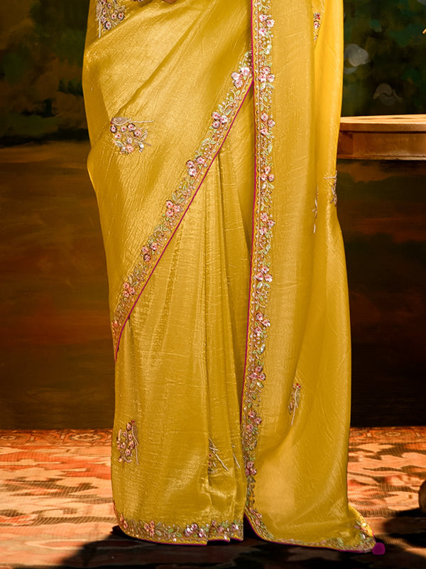 Mustard Yellow Designer Silk Saree with Embroidery