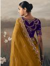 Mustard Yellow Embroidered Designer Organza Silk Saree With Contrast Blouse