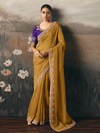 Mustard Yellow Embroidered Designer Organza Silk Saree With Contrast Blouse