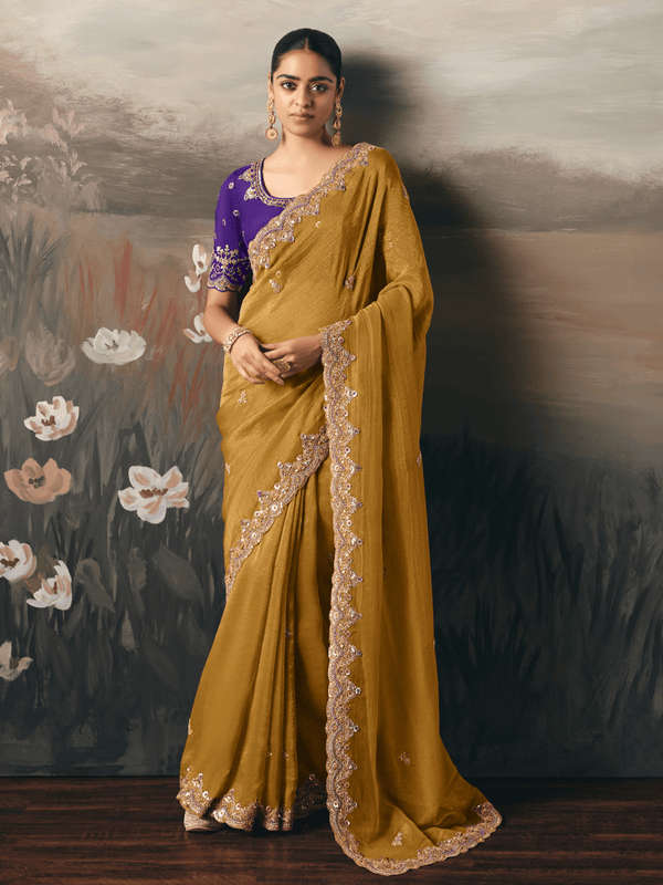 Mustard Yellow Embroidered Designer Organza Silk Saree With Contrast Blouse