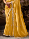 Mustard Yellow Embroidered Designer Organza Silk Saree With Contrast Blouse
