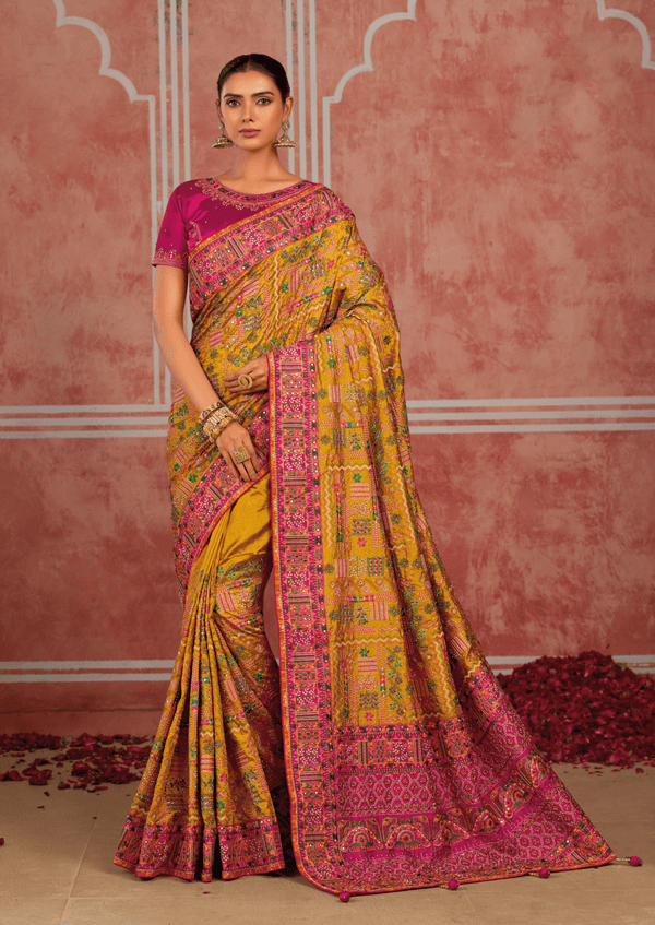 Mustard Yellow Embroidered Designer Satin Silk Saree