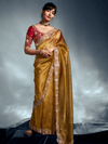 Mustard Yellow Embroidered Designer Tissue Organza Silk Saree With Contrast Blouse