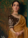 Mustard Yellow Embroidered Designer Tissue Silk Saree, pallu and blouse