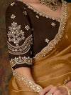 Mustard Yellow Embroidered Designer Tissue Silk Saree, contrast blouse close-up