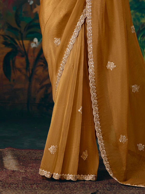 Mustard Yellow Embroidered Designer Tissue Silk Saree, border and drape