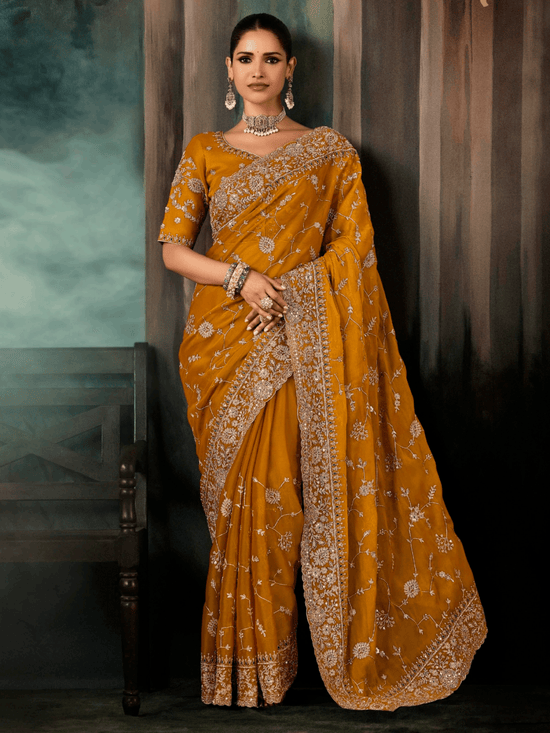 Mustard Yellow Satin Silk Saree