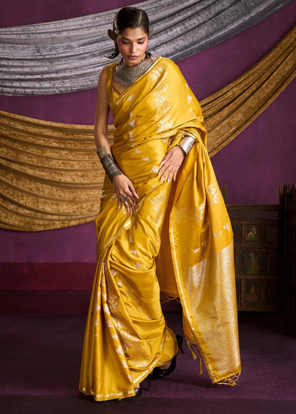 Mustard Yellow Satin Silk Saree