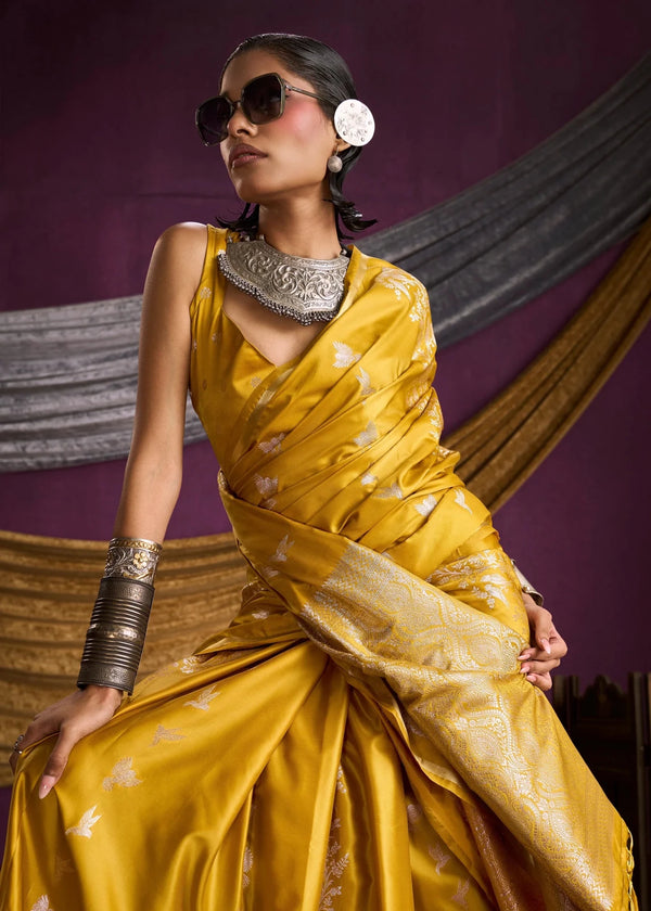 Mustard Yellow Satin Silk Saree