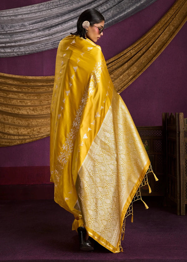 Mustard Yellow Satin Silk Saree
