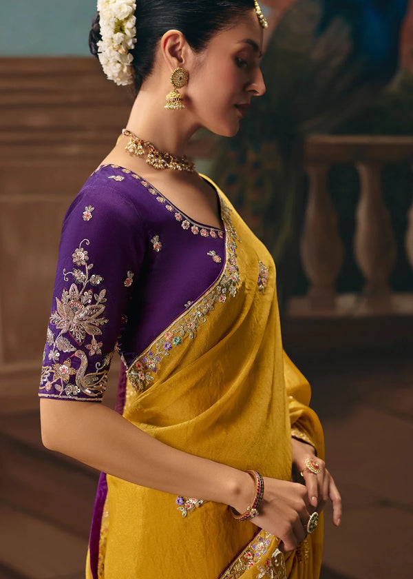 Mustard Yellow Soft Silk Saree with Purple Contrast Blouse