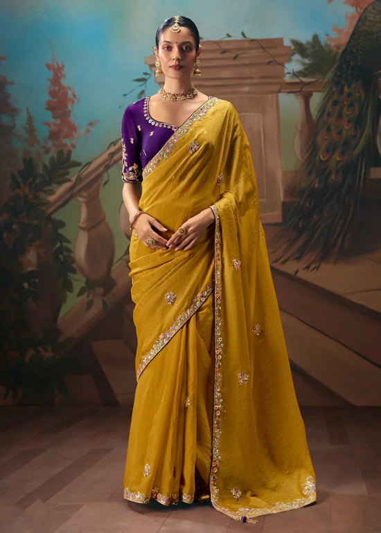 Mustard Yellow Soft Silk Saree with Purple Contrast Blouse