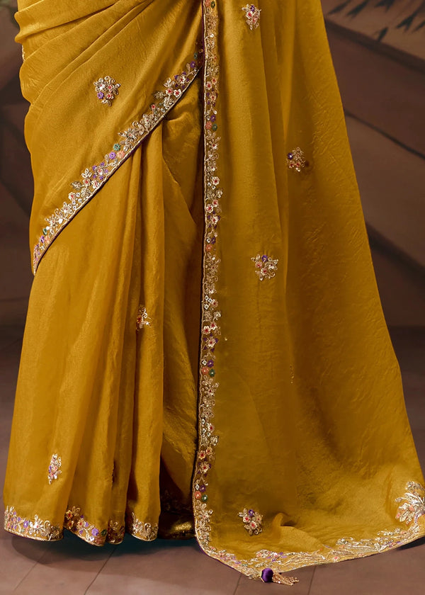 Mustard Yellow Soft Silk Saree with Purple Contrast Blouse