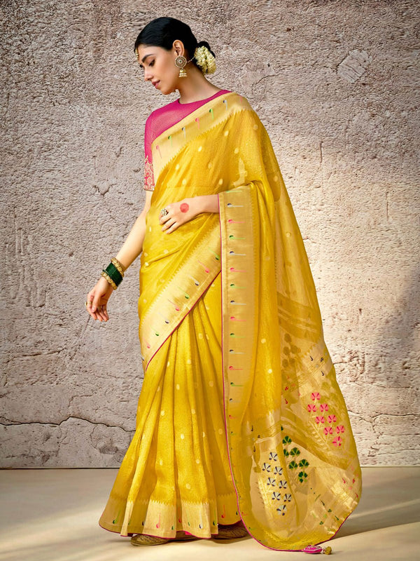 Mustard Yellow Zari Woven Banarasi Silk Saree With Contrast Blouse
