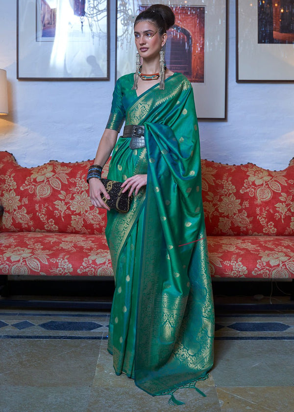 Myrtle Green Dual Tone Zari Woven Handloom Banarasi Silk Saree