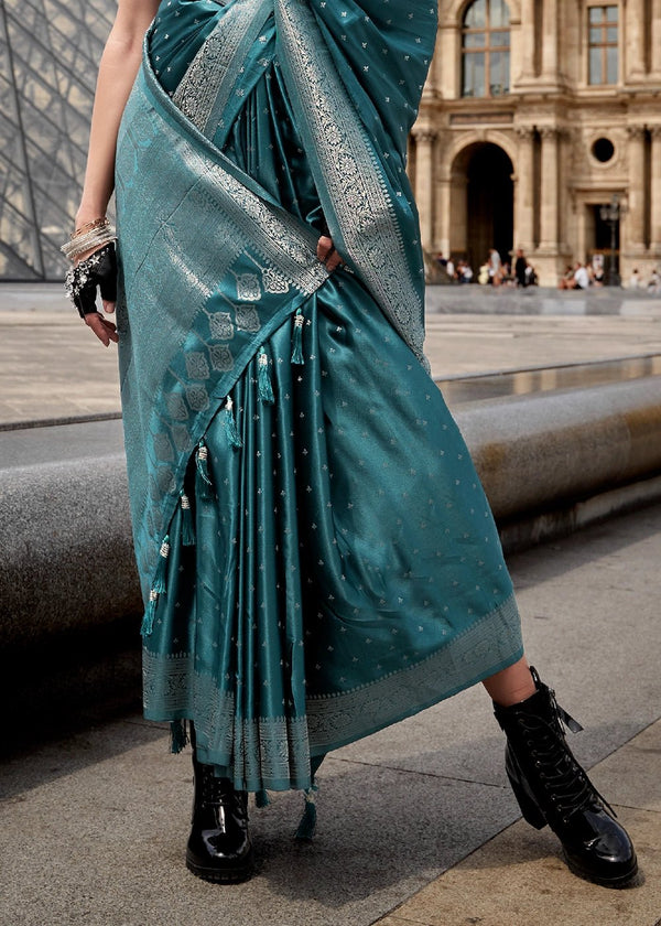 Myrtle Green Handloom Satin Silk Saree With Tassels