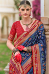 Navy Blue and Red Patola Printed Silk Saree