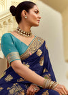 Navy Blue Banarasi Silk Saree With Contrast Blouse