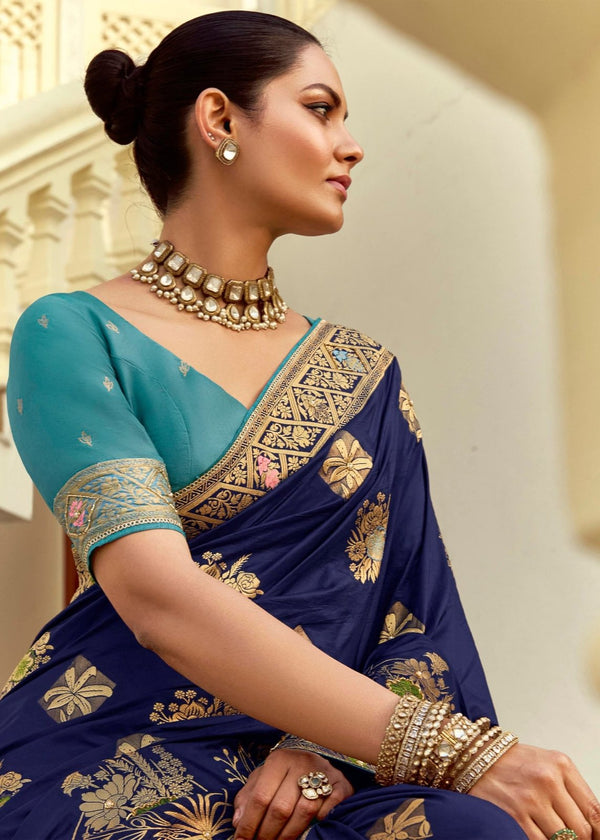 Navy Blue Banarasi Silk Saree With Contrast Blouse
