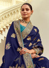 Navy Blue Banarasi Silk Saree With Contrast Blouse