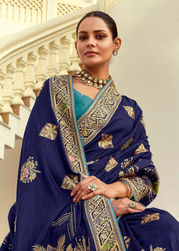 Navy Blue Banarasi Silk Saree With Contrast Blouse