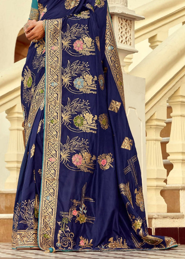 Navy Blue Banarasi Silk Saree With Contrast Blouse