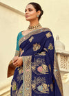 Navy Blue Banarasi Silk Saree With Contrast Blouse