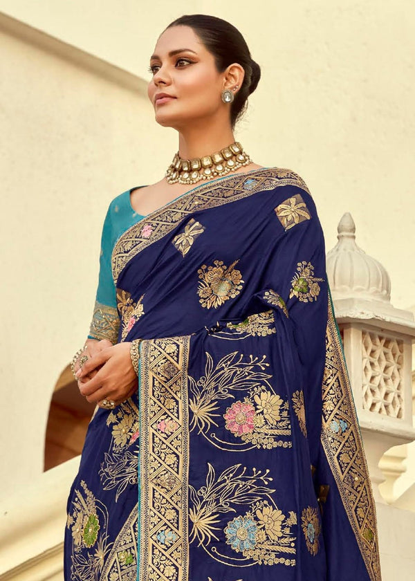 Navy Blue Banarasi Silk Saree With Contrast Blouse