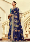 Navy Blue Banarasi Silk Saree With Contrast Blouse