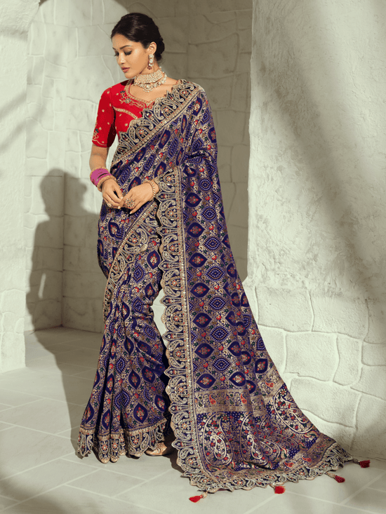 Navy Blue Bandhani Banarasi Georgette Saree With Contrast Blouse
