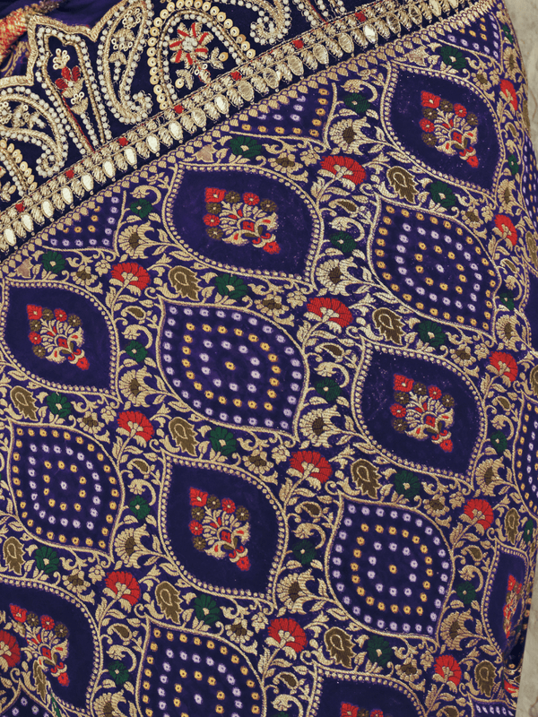 Navy Blue Bandhani Banarasi Georgette Saree With Contrast Blouse