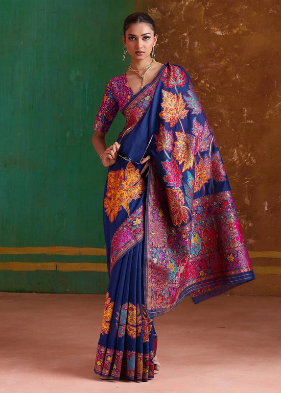 Navy Blue Kashmiri Kani Jamawar Cotton Saree