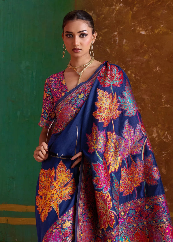 Navy Blue Kashmiri Kani Jamawar Cotton Saree