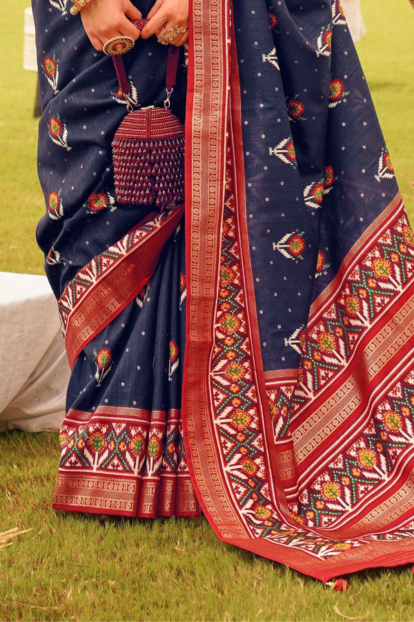 Navy Blue Printed Patola Silk Saree