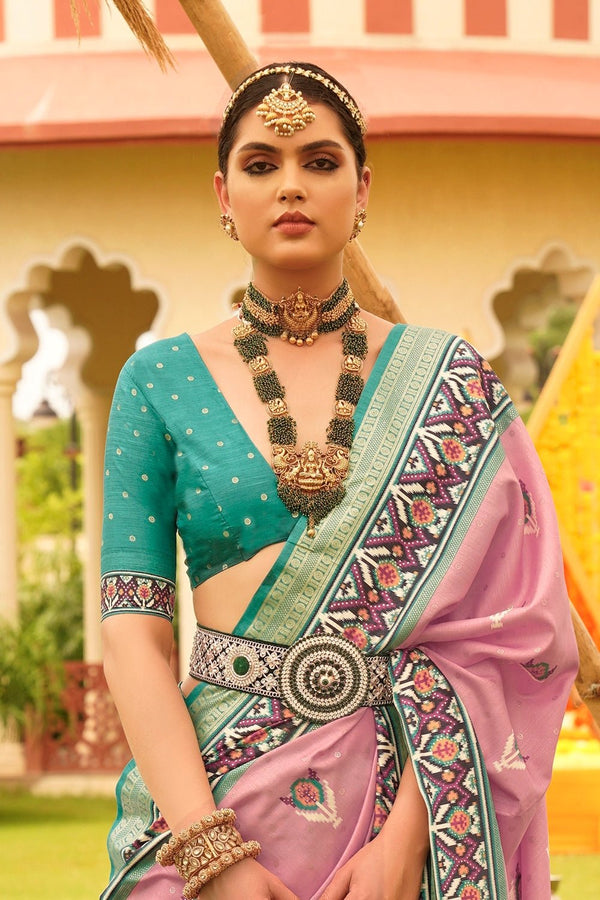 New York Pink And Teal Green Printed Patola Silk Saree